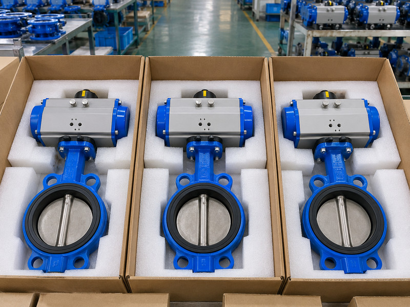 double acting butterfly valve factories: Protected pneumatic butterfly valves ready for packing