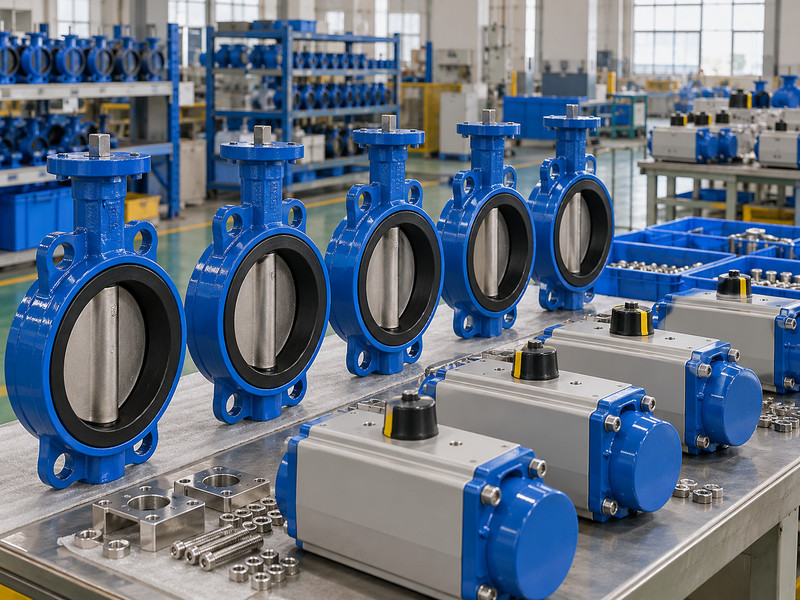 double acting butterfly valve factory: Butterfly valves at an assembly line