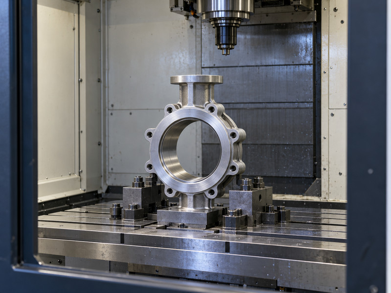 double acting butterfly valve factory: Valve body in a stationary machining fixture