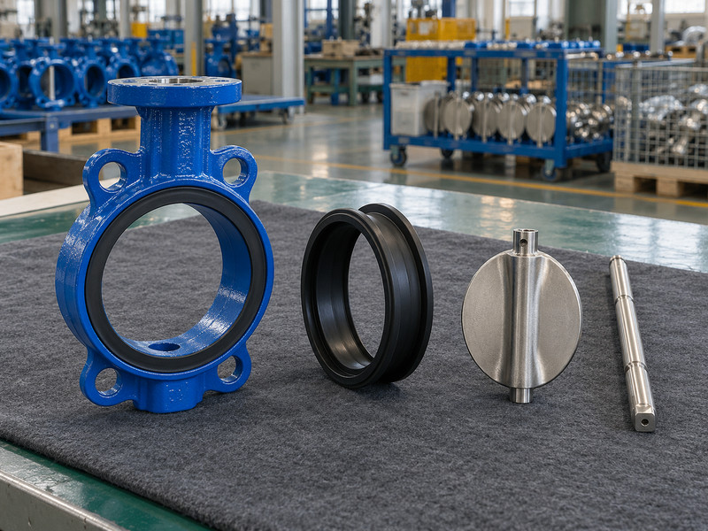 double acting butterfly valve factory: Valve seat, disc, shaft and body before assembly