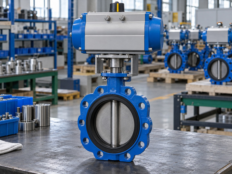 double acting butterfly valve factory: Pneumatic drive mounted above a valve