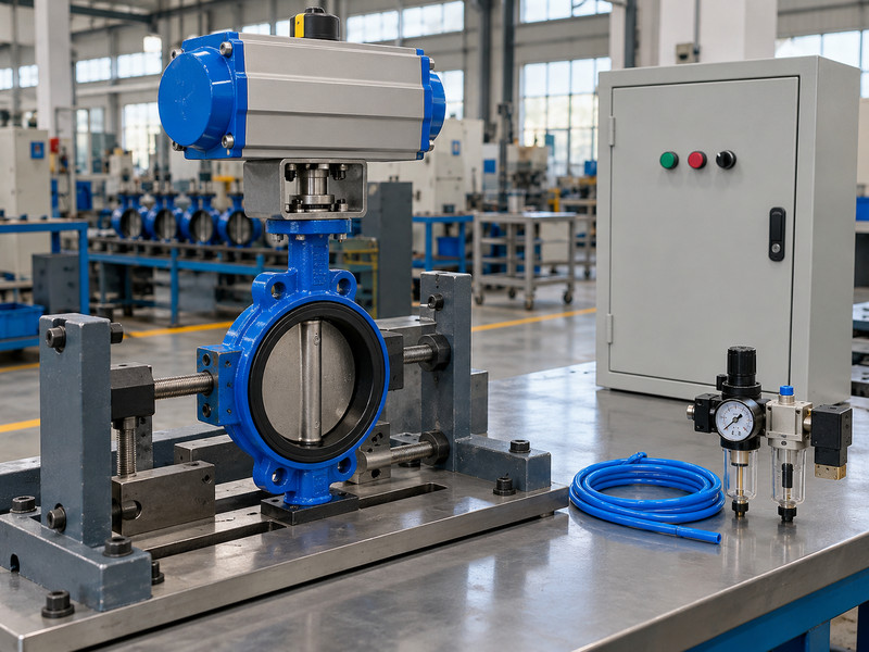 double acting butterfly valve factory: Pneumatic assembly on a stationary test stand