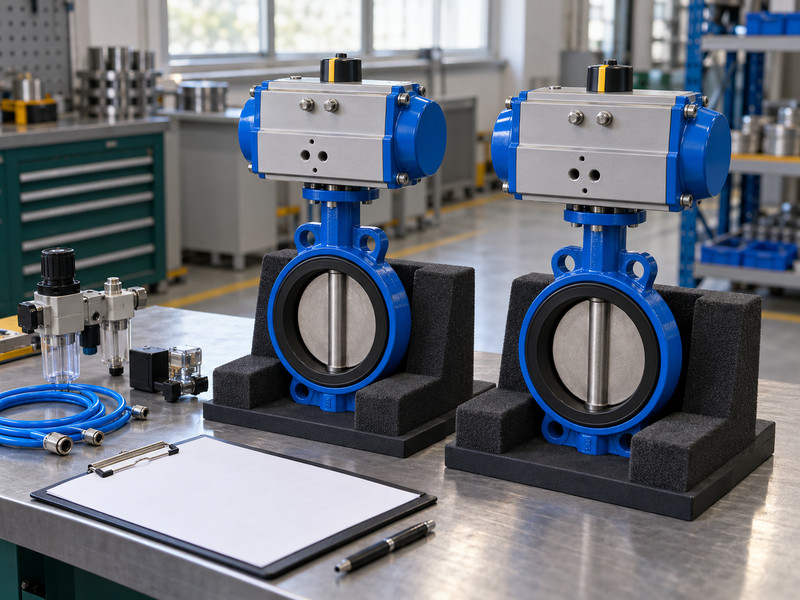 double acting butterfly valve manufacturers: Matching pneumatic valve samples in inspection cradles