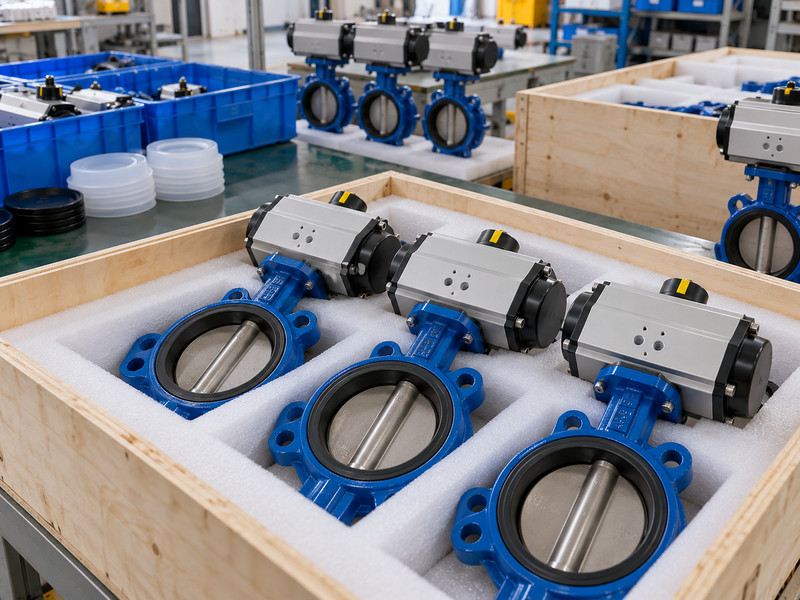 double acting butterfly valve manufacturers: Finished valve assemblies protected for shipment