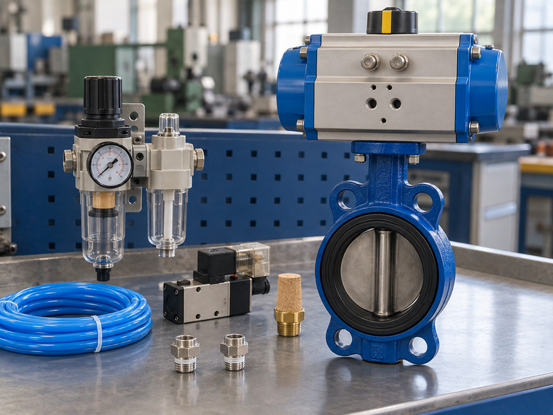 double acting pneumatic actuator butterfly valve: Air fittings, solenoid and regulator components
