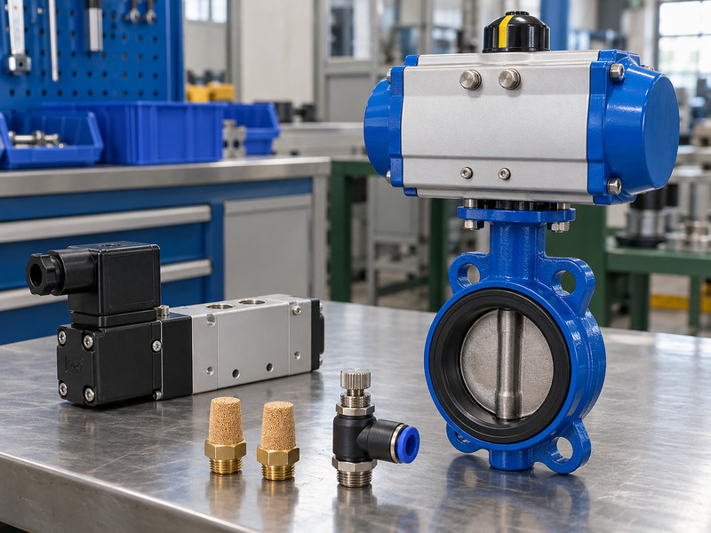 double acting pneumatic butterfly valve: Exhaust silencers and speed-control fittings