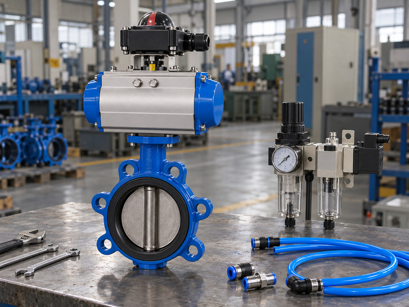 double acting pneumatic butterfly valve: Limit switch enclosure above an actuator