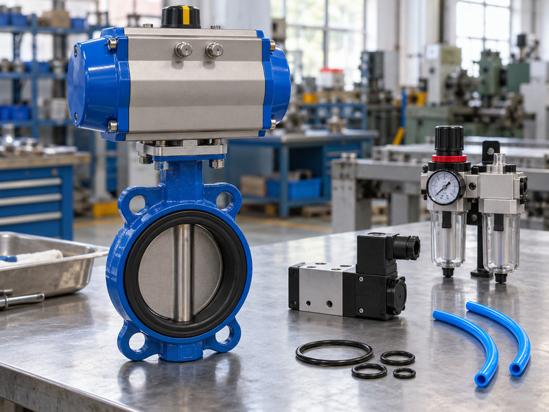 double acting pneumatic butterfly valve: Actuator and service components on a diagnostic bench