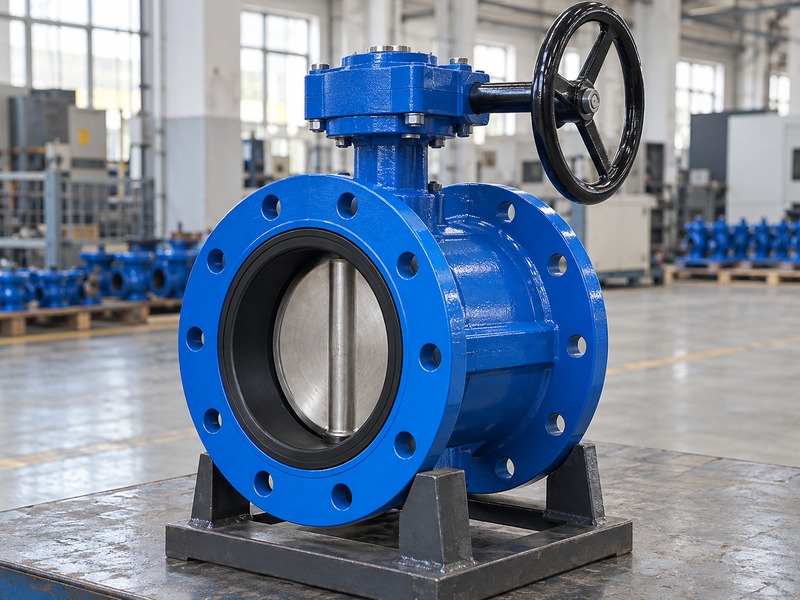 double flange butterfly valve with handwheel: two integral coaxial valve flanges and geared handwheel operator