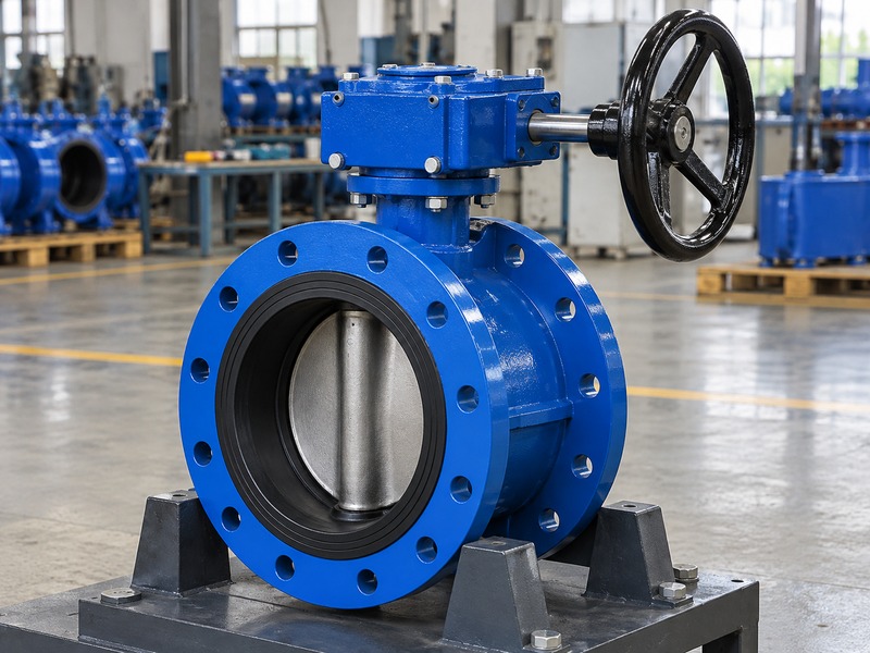 double flange butterfly valve with handwheel: enclosed gearbox and correctly connected handwheel shaft