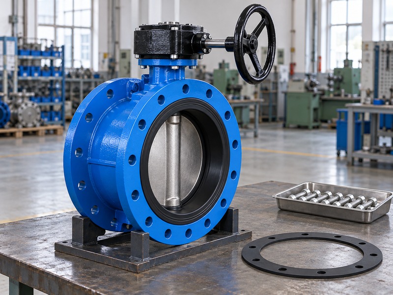double flange butterfly valve with handwheel: separate staged gasket and fasteners beside an unconnected valve
