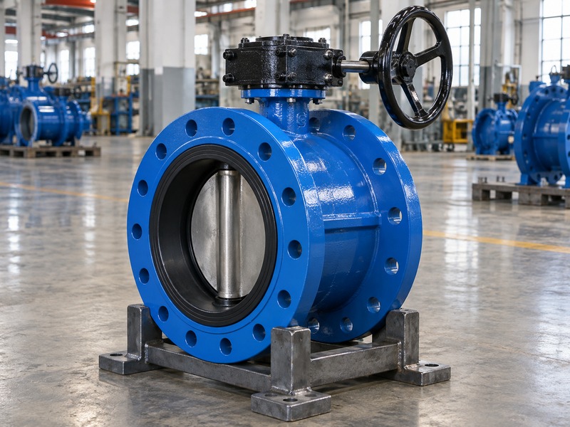 double flange butterfly valve with handwheel: body supported on a secure steel cradle