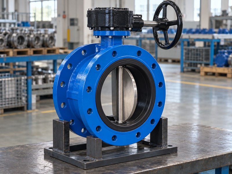 double flange butterfly valve with handwheel: unpressurized double-flanged sample with partly open disc