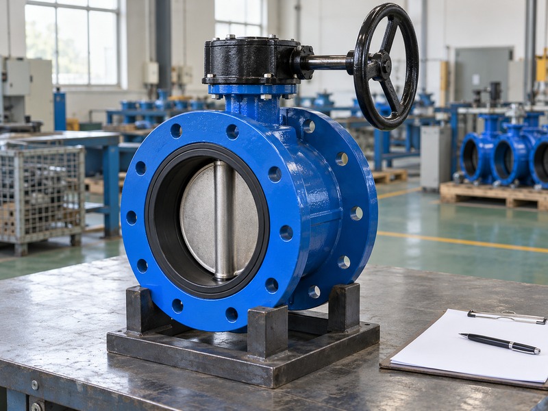 double flange butterfly valve with handwheel: complete assembly staged for inspection-record review