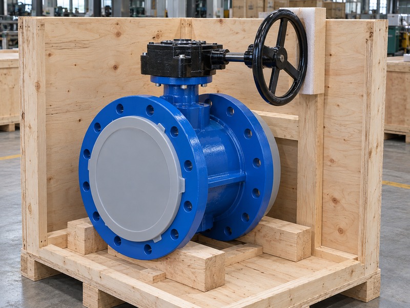 double flange butterfly valve with handwheel: protected flange faces and body restraints in an export crate