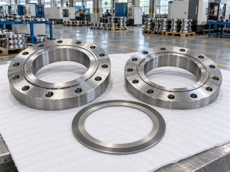 Separate flange faces and gasket prepared for a connection review