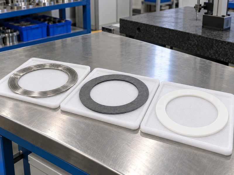 Several flange gasket types laid separately on an inspection table
