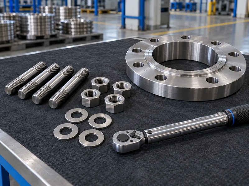 Studs, nuts, and flange hardware organized for an offline fit check