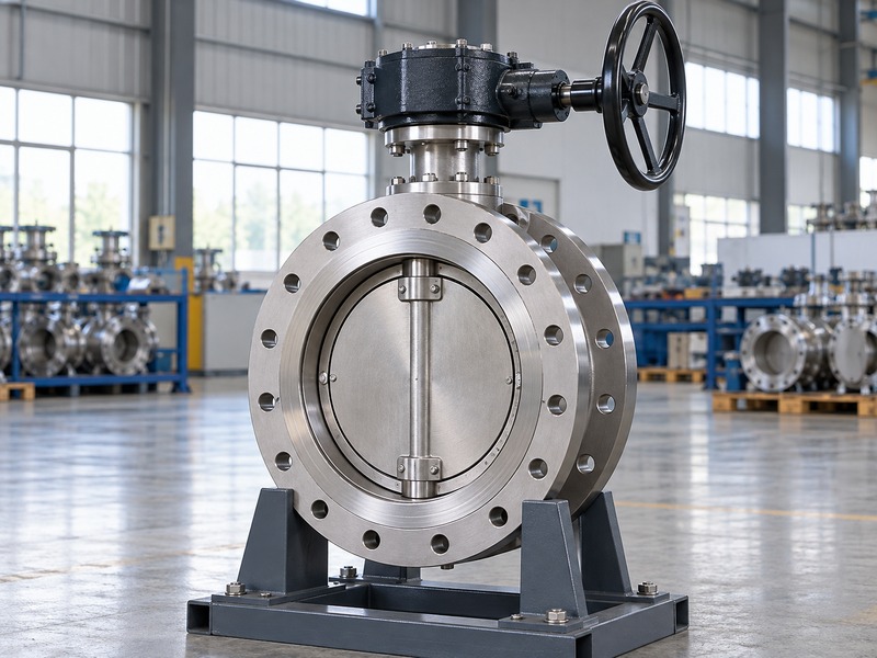 Supported valve assembly showing its shaft and operator orientation