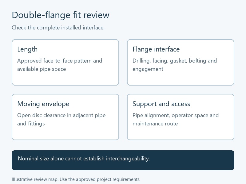 Double-flange fit review map covering length, flanges, disc envelope, and support