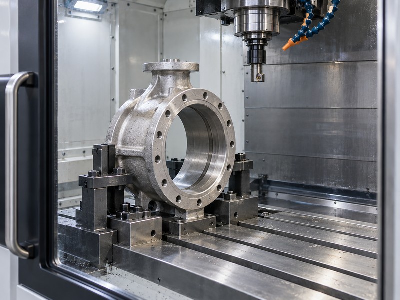 double offset butterfly valve design illustration showing a valve body held in a machining fixture