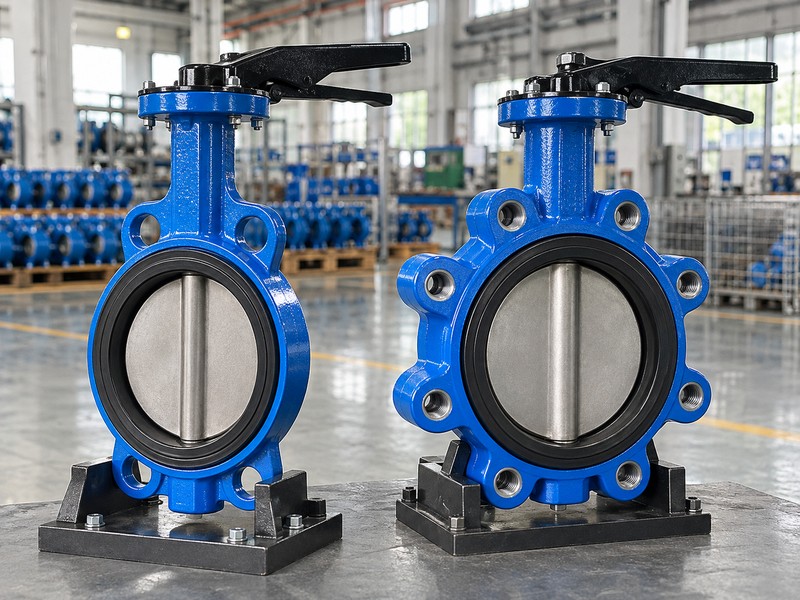 double offset butterfly valve drawing illustration showing wafer and threaded lug connection bodies side by side