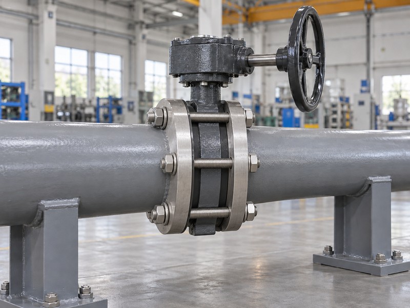 double offset butterfly valve drawing illustration showing a static wafer valve clamped between two supported pipe flanges with external through-studs