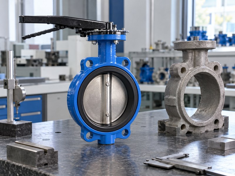 ductile iron butterfly valve manufacturers: valve assembly and casting at a material-review bench.