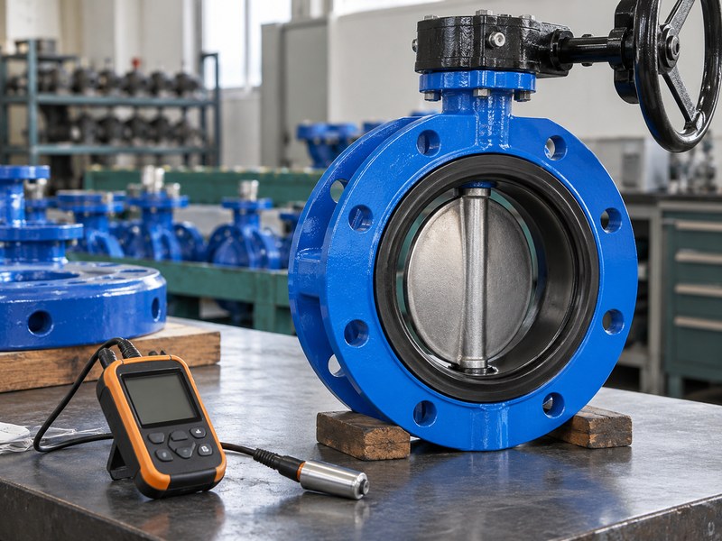 ductile iron butterfly valve manufacturers: coated surface beside an inspection instrument.
