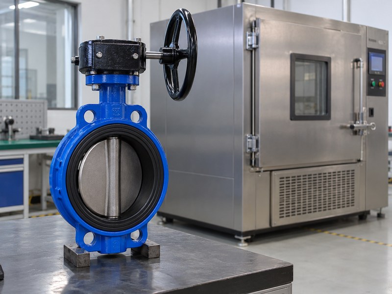 ductile iron butterfly valve manufacturers: valve outside a closed low-temperature chamber before review.