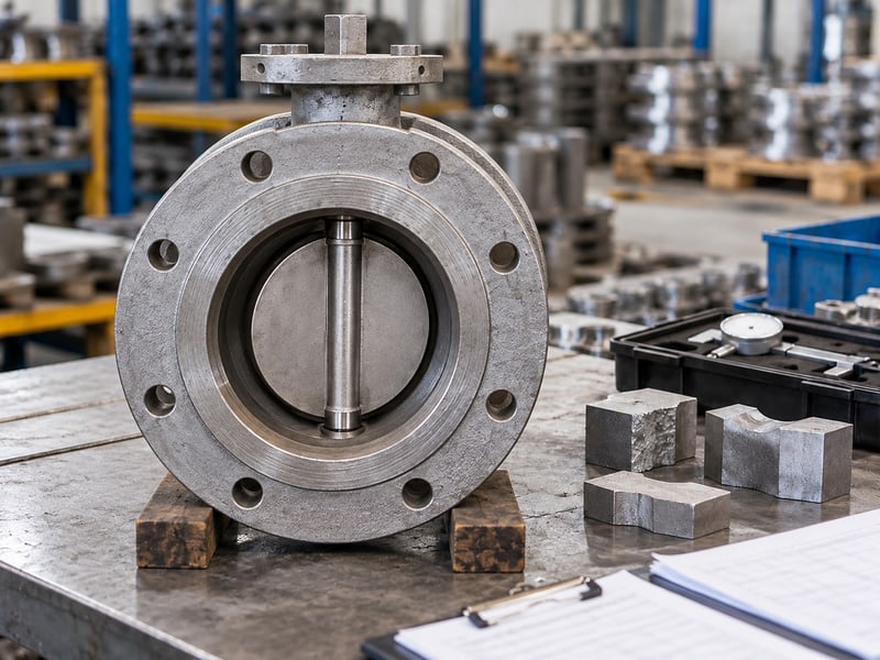 ductile u-section butterfly valve: illustrative uncoated short-flanged casting, sample coupons and material traceability tools