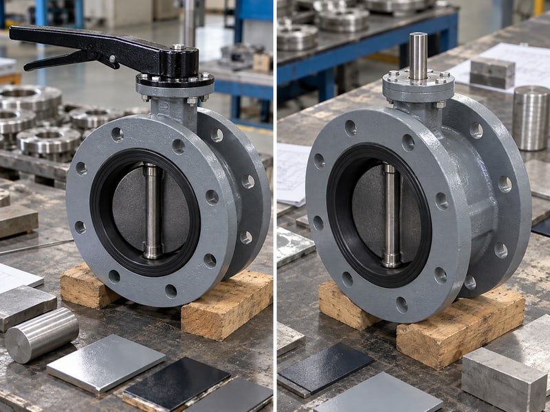ductile u-section butterfly valve: illustrative photo comparison of short-flanged casting beside sample pieces and material inspection records