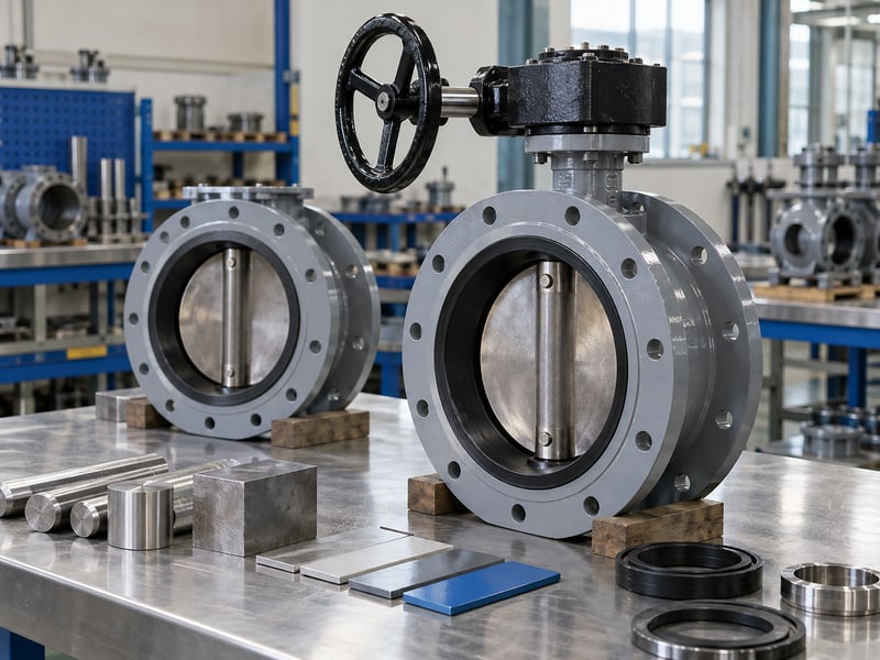 ductile u-section butterfly valve: illustrative short-flanged casting beside sample pieces and material inspection records
