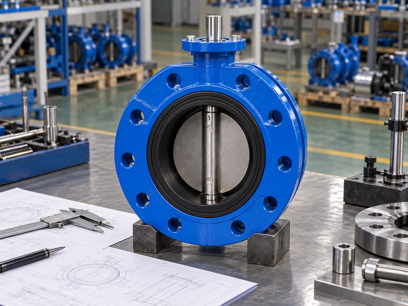 ductile u-section butterfly valve: illustrative short-flanged valve and configuration drawings at a model-specific document review desk