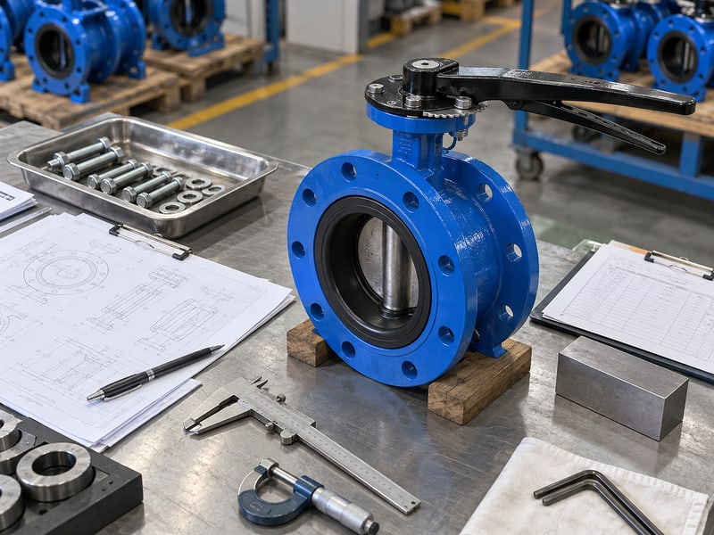 ductile u-section butterfly valve: illustrative short-flanged valve and configuration drawings at a model-specific document review desk