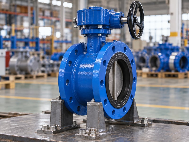 ductile u-section butterfly valve: illustrative short-flanged assembly with independent pipe supports and operator access clearance