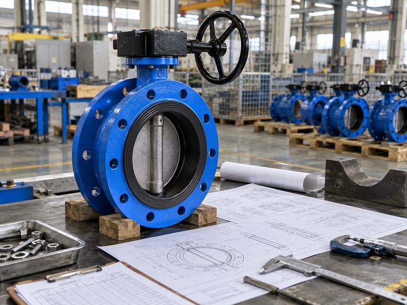 ductile u-section butterfly valve: illustrative short-flanged valve and configuration drawings at a model-specific document review desk