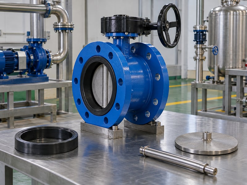 ductile u-section butterfly valve: illustrative supported short-flanged valve in a water-circuit setting beside service-condition records