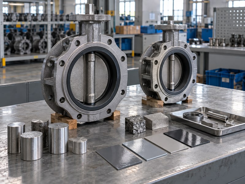 ductile u-section butterfly valve: illustrative short-flanged casting beside sample pieces and material inspection records