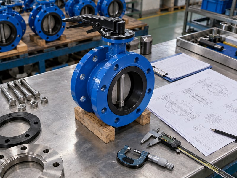 ductile u-section butterfly valve: illustrative short-flanged valve and configuration drawings at a model-specific document review desk