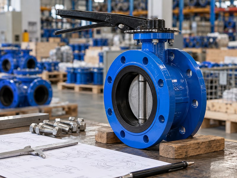 ductile u-section butterfly valve: illustrative short-flanged valve and configuration drawings at a model-specific document review desk