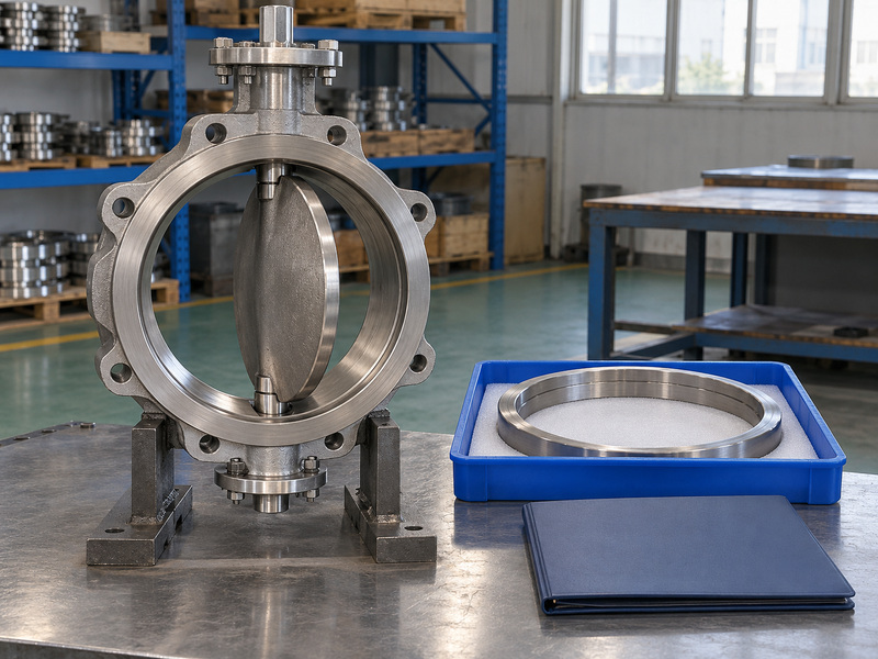 Illustrative durable metal seated butterfly valve evidence review with a partly open valve on a stable support, a protected metal sealing ring, and a closed plain folder.
