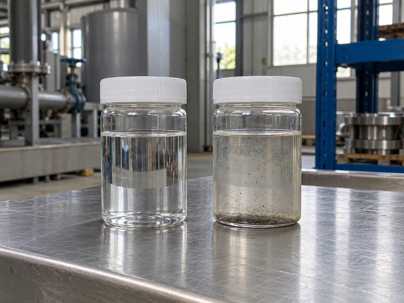 Illustrative durable metal seated butterfly valve service-condition review comparing two unlabelled capped bottles, one with clear liquid and one with visible particles and sediment.