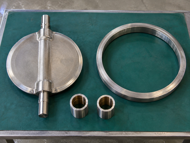 Illustrative durable metal seated butterfly valve component-condition review with a detached disc and diametral shaft, a separate metal seat ring, and two bearing sleeves on a protective mat.