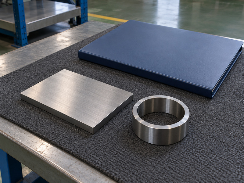 Illustrative durable metal seated butterfly valve process-record review with a rectangular metal coupon, a separate metal ring, and a closed plain folder on a protective mat.