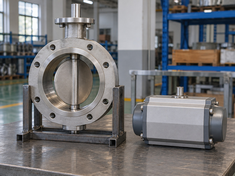 Illustrative durable metal seated butterfly valve test-scope review with a static supported valve and a separate unconnected quarter-turn actuator.