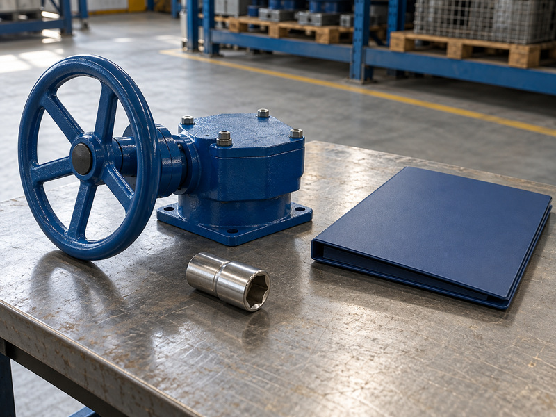 Illustrative durable metal seated butterfly valve torque-baseline review with an unconnected handwheel gearbox, a separate unmarked socket, and a closed plain folder.