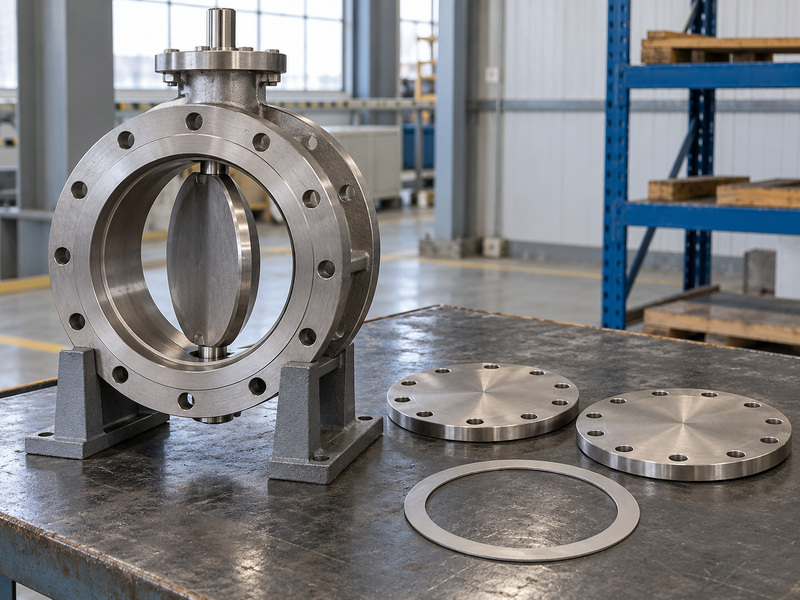Illustrative durable metal seated butterfly valve leakage-evidence planning review with a partly open supported valve, two detached blanking plates, and a separate flat gasket.