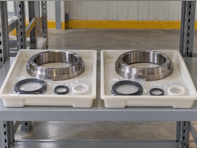 Illustrative durable metal seated butterfly valve spare-storage review with two plain shelf trays containing separate metal rings and individually protected auxiliary sealing parts.