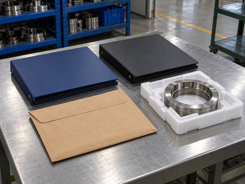 Illustrative durable metal seated butterfly valve acceptance-evidence review with two closed plain folders, a blank document envelope, and a protected metal component.